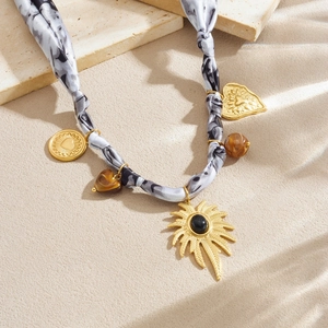 Retro ink-wash ribbon necklace set with golden palm tree and heart charms on stone