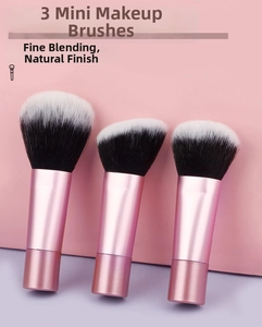 Detailed shot of 3 mini makeup brushes with pink metal handles and gradient bristles