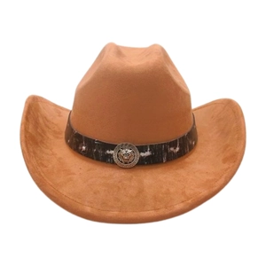 Detail of a brown suede cowboy hat featuring a silver lion head metal buckle on black band