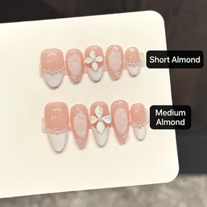 Handmade Press On Nails Pink French Almond Shape With 3D Flowers And Artificial Pearls Elegant Reusable False Nails For Women