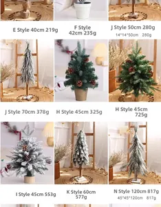 Detail view of various mini Christmas trees with pine cones and wooden bases for home decor