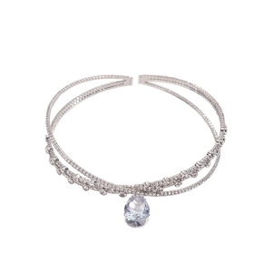 Elegant double-layered silver choker featuring pavé diamonds and a teardrop zircon pendant