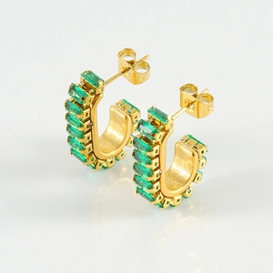 Elegant gold U-shaped hoop earrings with green rectangular emerald zircons and studs