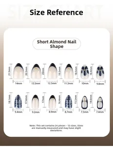 Size chart for short almond fake nails with dimensions for 24 pieces in 12 sizes