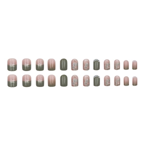 Short square press-on nails with olive green gradient and delicate white flower accents