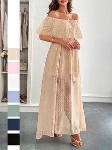 Abito Maxi Spalle Scoperte Pois Svizzeri Volant Coulisse Vita Nappine Mesh Spacco Estate Elegante Casual