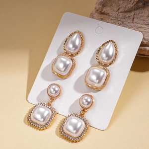 Baroque style pearl drop earring set with rhinestone accents in gold finish