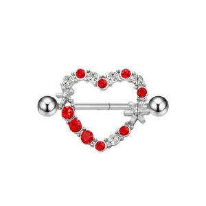 Silver heart nipple ring with red and white zircon stones on a white background