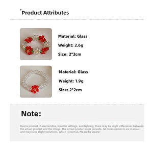 Macro view of handmade floral glass bead rings with glaze material and size specifications