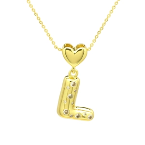 Close-up of golden letter L pendant with pavé cubic zirconia and heart clasp detail