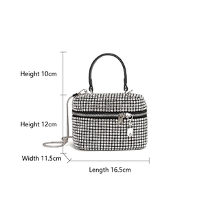 Sparkling rhinestone mini square bag with metal chain strap and size dimensions