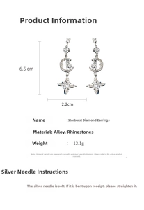 Vue détaillée des boucles d'oreilles étoile lune en strass avec mesures de taille