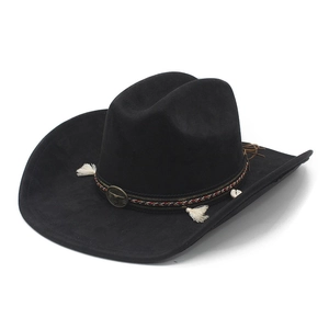 Classic black faux suede western cowboy hat with wide brim and decorative metal buckle