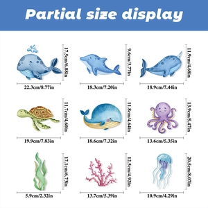 Cartoon ocean world wall stickers set with dimensions for whale, turtle and octopus