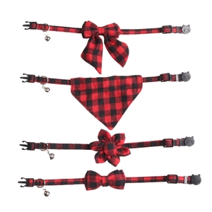Classic red plaid pet collar set with bow tie, bandana, flower charm, and small bell