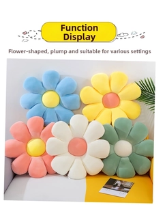 Detailed view of colorful flower-shaped plush cushions with ribbed corduroy texture