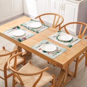 Waterproof cotton linen Christmas placemats with green leaves and red berries set of 4