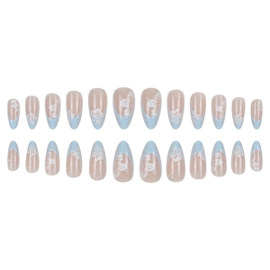 Almond fake nails with blue French tips and white floral patterns 24-piece set