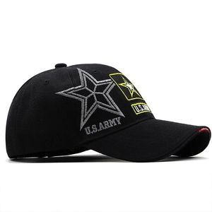 Classic black cotton US Army baseball cap featuring embroidered star and side military patches