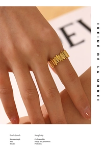 Close-up of a 18K gold plated geometric ring featuring vertical bar design on a finger