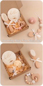 Pink heart beechwood teether set with soft brush and hello world wooden milestone disc