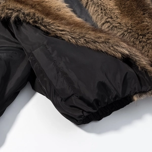 Fashionable loose fit jacket for women featuring a thick dark brown faux fur collar