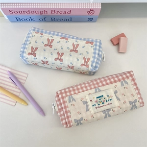 Gingham Pencil Case Large Capacity Floral Bow Stationery Pouch Polyester Cute Portable Desktop Storage Student Organizer