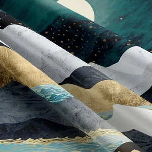 Detail of mountain tapestry texture showing golden peaks and starry night sky patterns