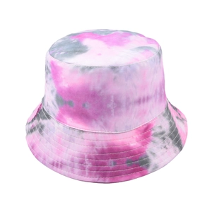 Close-up of tie-dye bucket hat with pink and grey patterns on a white background