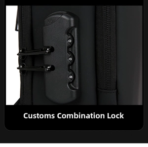 Detail of multi-functional black tactical sling bag featuring a secure TSA combination lock