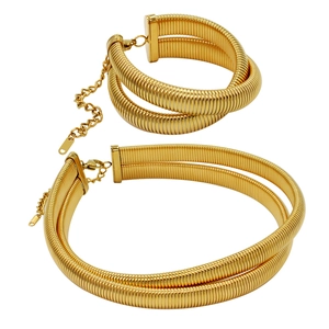 Detailed close-up of a gold-plated titanium double-loop snake chain necklace and bracelet
