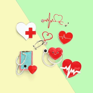 Cartoon medical enamel brooches with stethoscope and heart cross designs in a 7-piece set