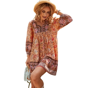 Robe d'été décontractée à col en V, imprimé fleuri orange avec manches longues