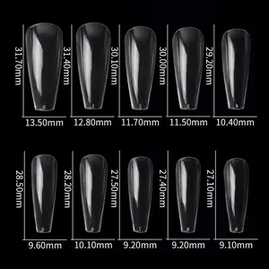 Detailed size guide for 10 sizes of long ballerina coffin clear false nail tips