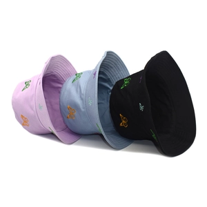Three-color pack of cotton bucket hats with colorful butterfly embroidery and wide brim
