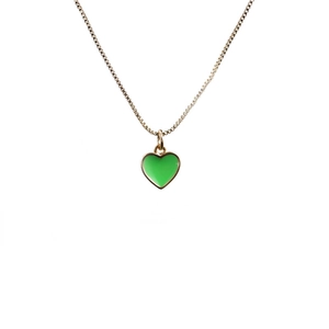 Fashionable gold box chain necklace featuring a green enamel heart pendant on white background