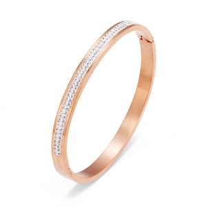 Elegant rose gold titanium steel open bangle with double rows of sparkling crystals