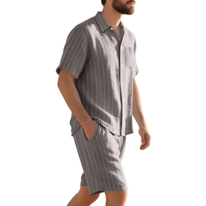 Men's summer grey striped short sleeve shirt and shorts set showing fabric drape and fit