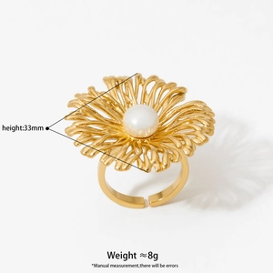 Elegant adjustable golden sunflower ring with central white pearl and radiant petals