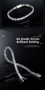 Close-up detail of 4A grade cubic zirconia tennis bracelet with silver plating on black reflective background