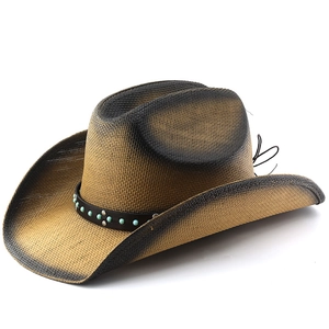 Classic western cowboy hat in gradient brown straw with turquoise studded leather band
