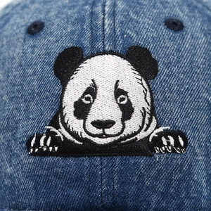Dark blue denim baseball cap featuring detailed giant panda embroidery on the front