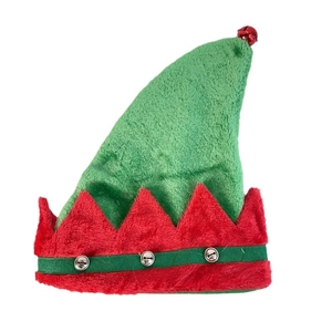 Red and green Christmas elf party hat with festive jingle bells on a white background