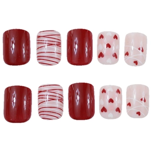 Short square press-on nails with red glossy finish and sweet heart patterns for Valentine