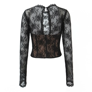 Detail of black lace top back view featuring high neck cutout and corset-style boning