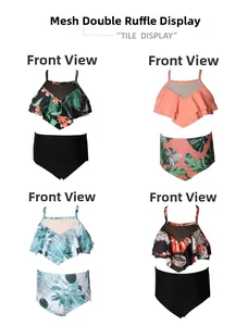 Flat lay of four different colorful high-waisted two-piece ruffled bikini swimsuits