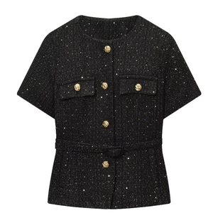 Giacca in tweed nero da donna a maniche corte con paillettes, bottoni d'oro e cintura