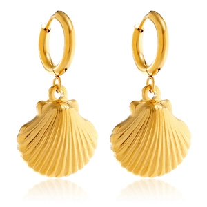 Elegant gold shell-shaped stainless steel earrings with textured fan pattern on white base