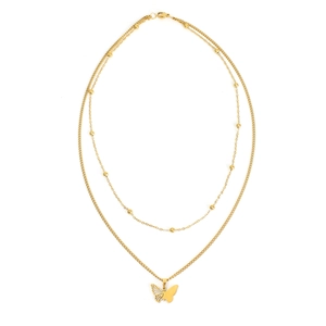 Gold layered stainless steel necklace featuring a butterfly pendant and beaded chain design
