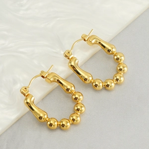 French style gold-plated titanium steel U-shaped beaded hoop earrings with high polish finish